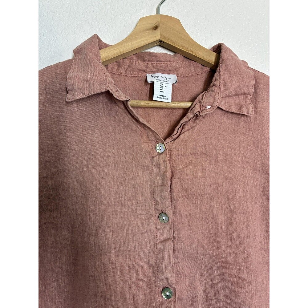 Nicole Miller Shirt Womens Large Pink 100% Linen Short Sleeve Button Up - Picture 6 of 11